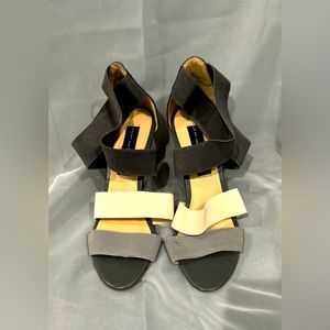 Steve Madden stretch straps, back wedge, gray and tan size 6